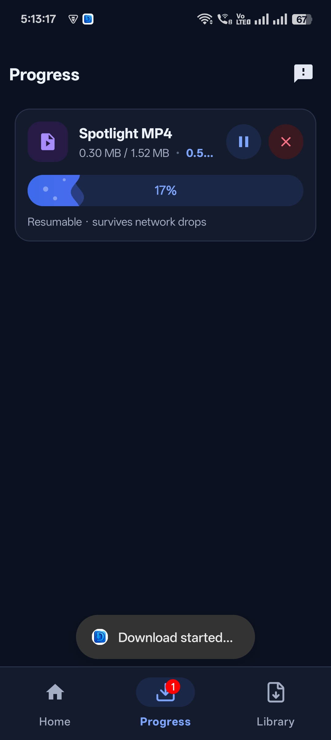 Download progress screen with a resumable download that survives network drops