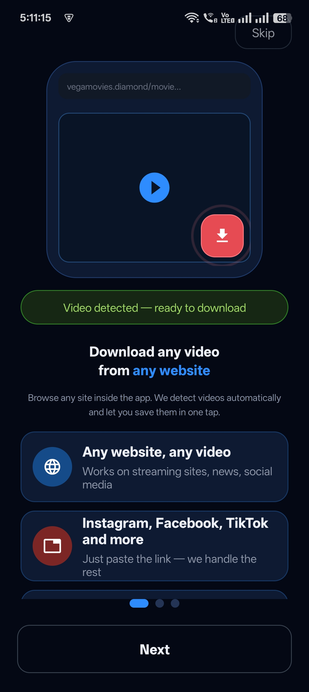 Video detected and ready to download from any website