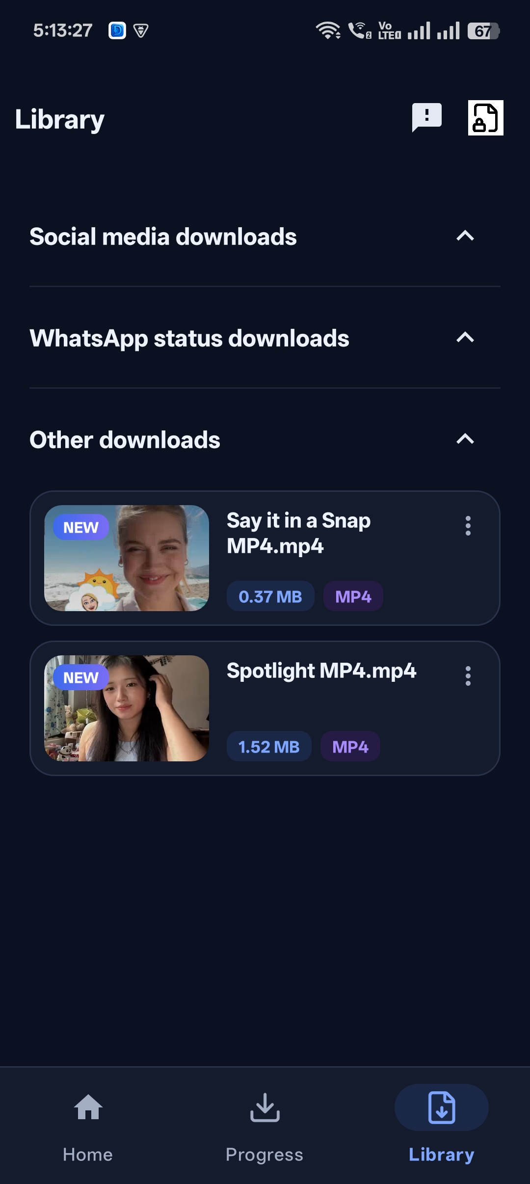 Library with social media downloads, WhatsApp status downloads and other downloads