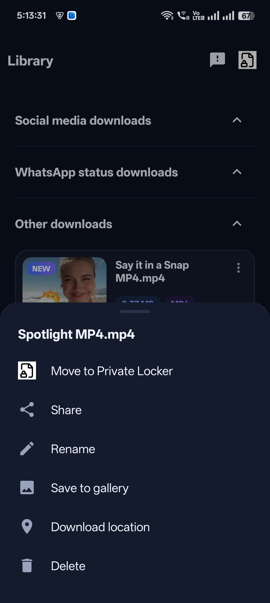 Options to move to Private Locker, share, rename, save to gallery or delete a downloaded video