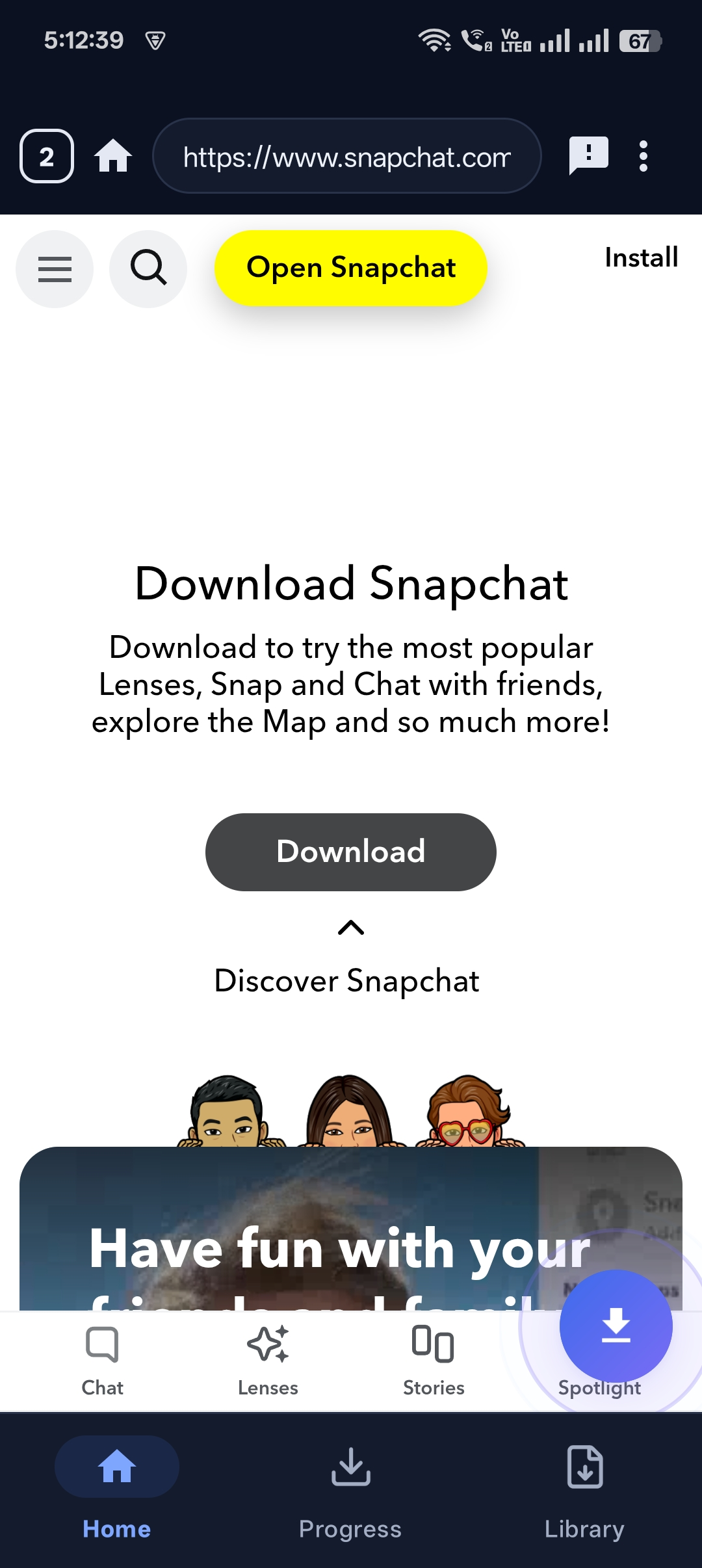 Downloading a Snapchat video using the built-in browser