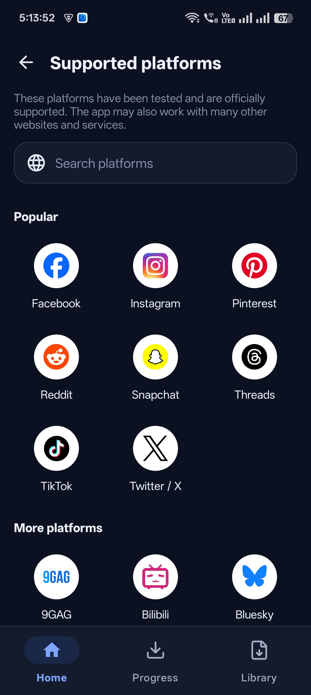 Supported platforms list including Facebook, Instagram, Pinterest, Reddit, Snapchat, Threads and TikTok